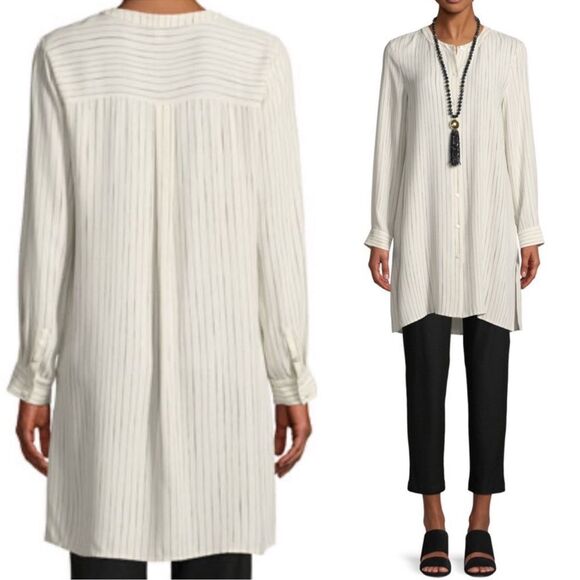 Eileen Fisher Tops - Eileen Fisher Pin Stripe Silk Georgette Crepe Print Long Tunic Shirt Blouse 1X
